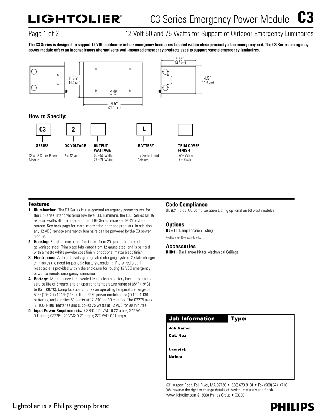 Lightolier C3 Series manual C3 Series Emergency Power Module C3 